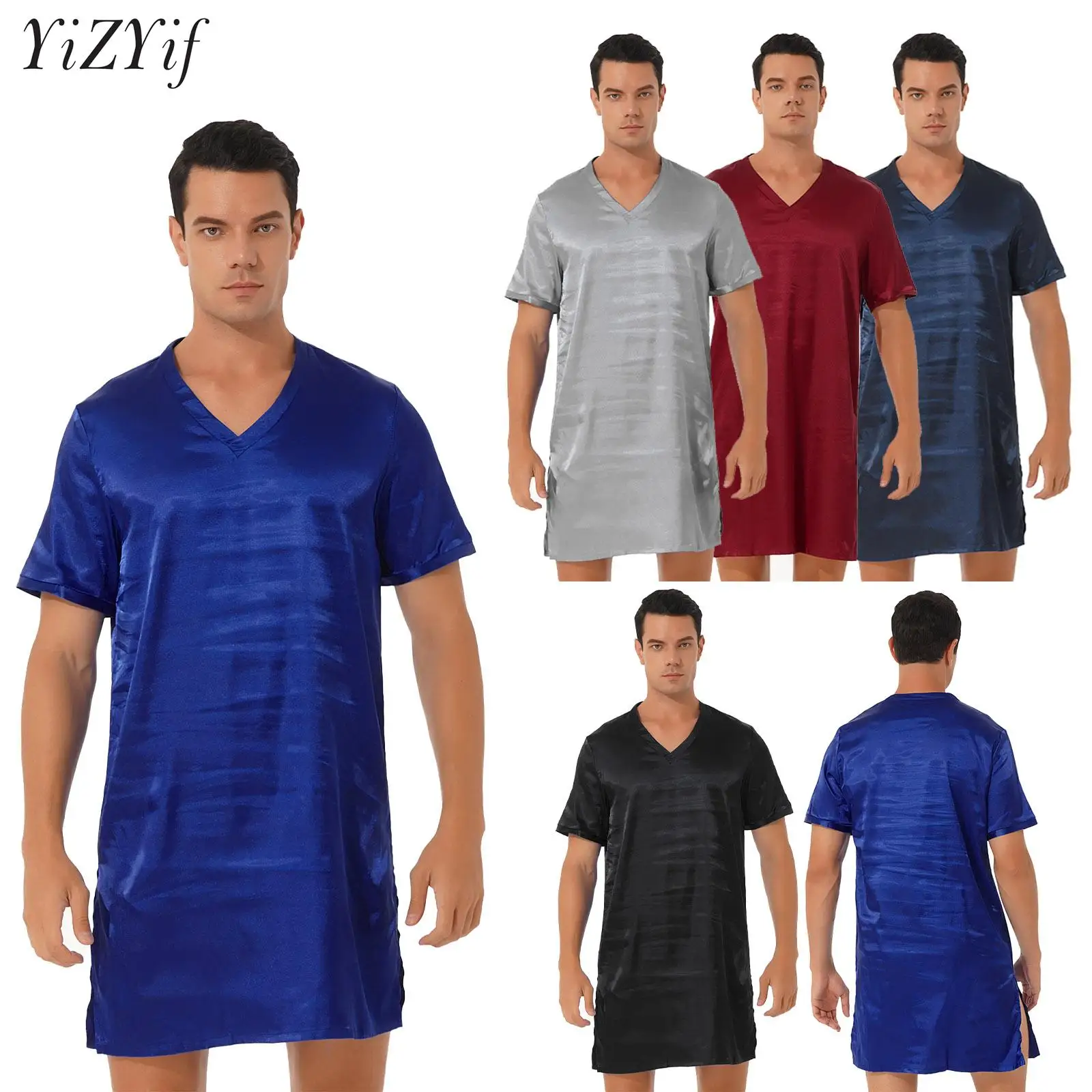 Men\'s Casual Short Sleeve V-Neck Silk Satin Loose Pajamas Loungewear Nightshirts Nightgown Nightdress Sleepwear Robe Bathrobes