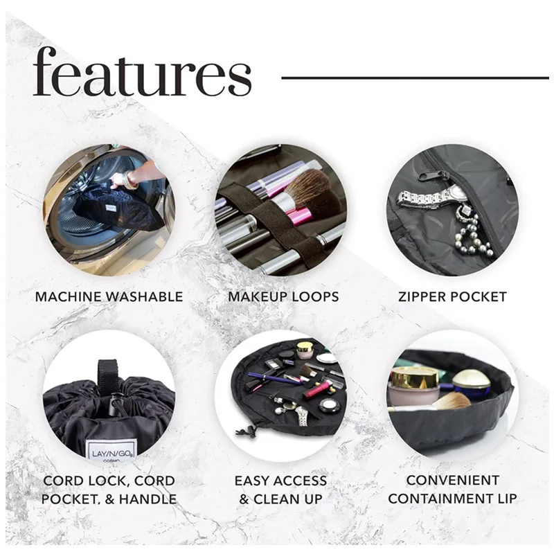 배럴 드로스트링 메이크업 가방 대형 화장품 가방 여행 세면도구 주최자 여성용 메이크업 가방 소녀 블랙