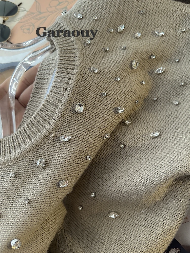 Garaouy 2024 Summer Round Neck Short Sleeve Knitted Sweater For Women Diamond-Encrusted Versatile Slim Casual Knitwear Pullover