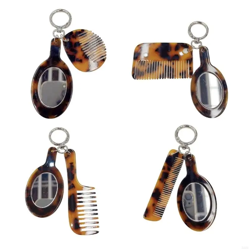 Korean Retro Leopard Print Comb Mirror Keychain for Women Girls Hair Styling Multifunctional Key Chain Women Bag Pendant