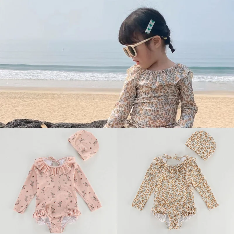 1 Set Girl Swimwear with Swimming Hat for Kids Aesthetic Fashion Floral Orange Long Sleeve Swimsuit Summer Travel Beach Clothes