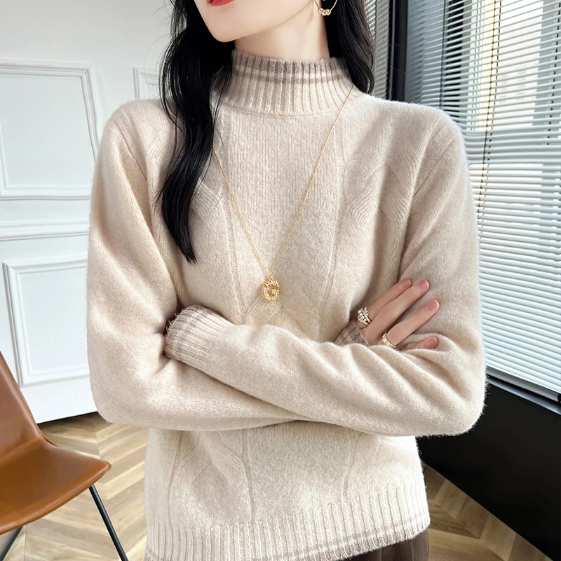 Free shipping Women Sweaters 100% Wool Knitted Leisure High-neck Pullovers Warm Soft Tops 2024 Autumn/Winter New Style Clothings