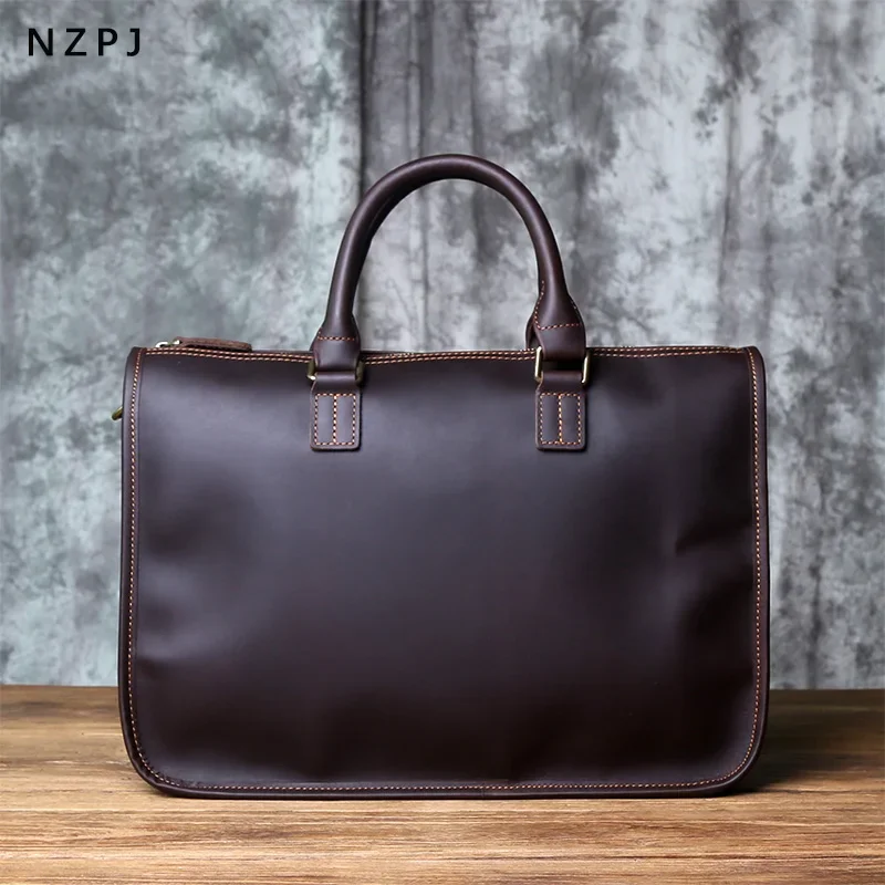 NZPJ Vintage Genuine Leather Men Briefcase Natural Top Layer Cowhide Handbag Leisure Business Laptop Bag Shoulder Messenger Bag