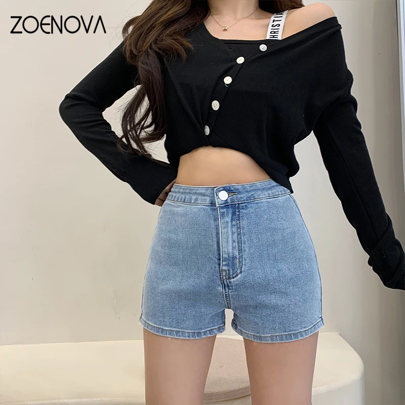 ZOENOVA Maillard Retro Casual damskie spodenki jeansowe letnie cienkie modne damskie uliczne wszechstronne wysokiej talii jednokolorowe obcisłe dżinsy