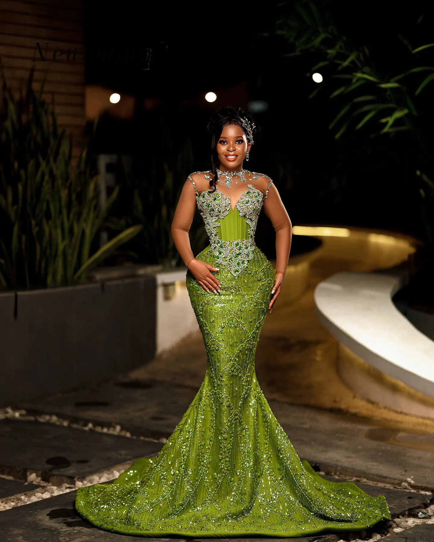 Apple Green Aso Ebi Style Mermaid Prom Dresses African Sheer Long Sleeves Plus Size Crystals Beaded Wedding Evening Party Gowns