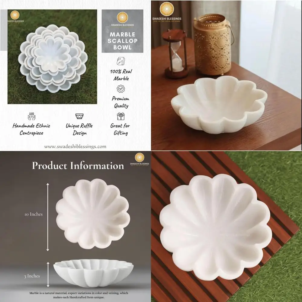 

10 White Marble Bowl with Ruffled Edges - Modern Organic Fruit/Key Holder