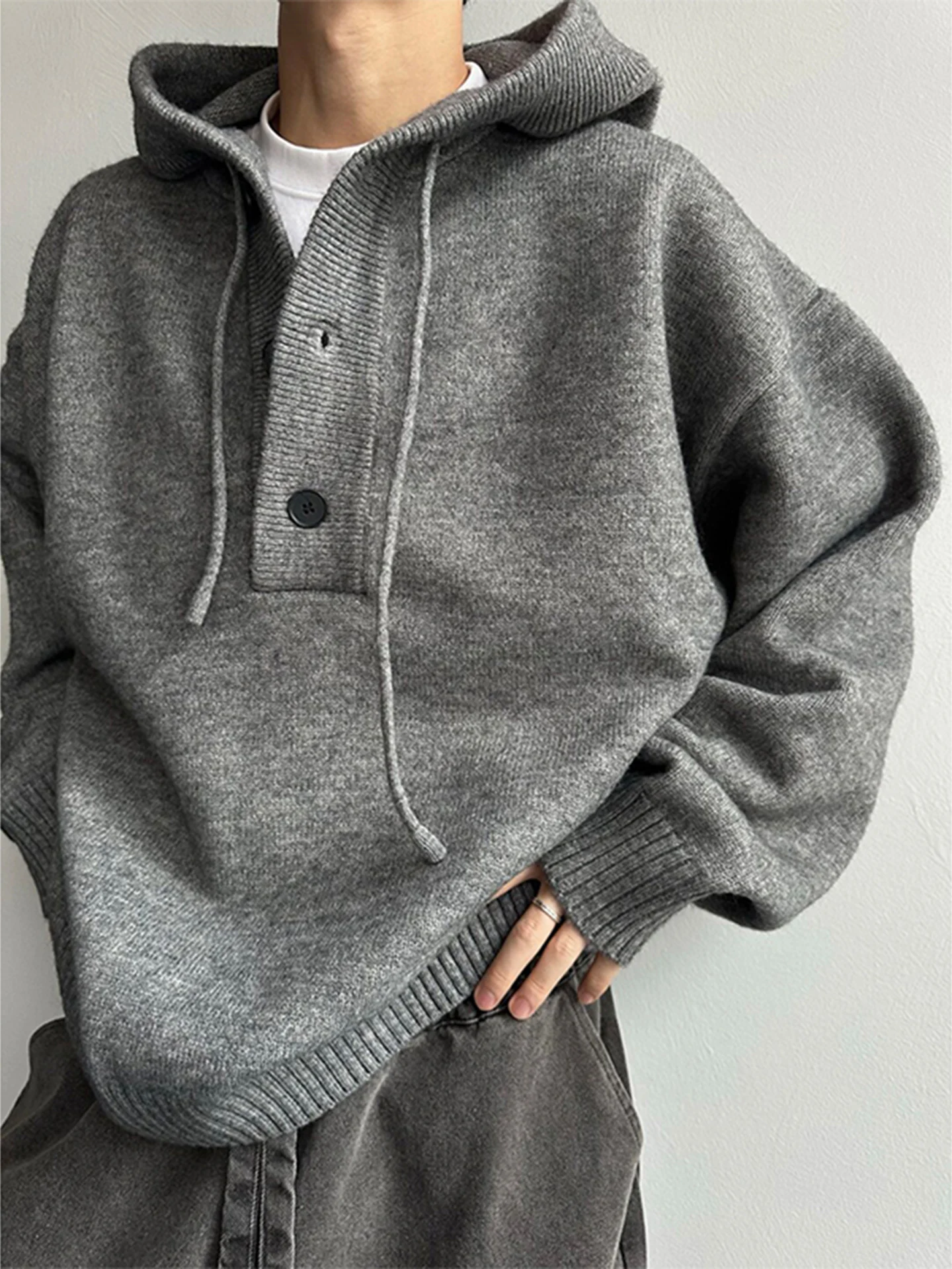 

Thiened ey f Open Hoodie Men's Knitted Sweater Autumn Winter American Sle Lazy Coat Loose Fit Long Sve Crew Ne