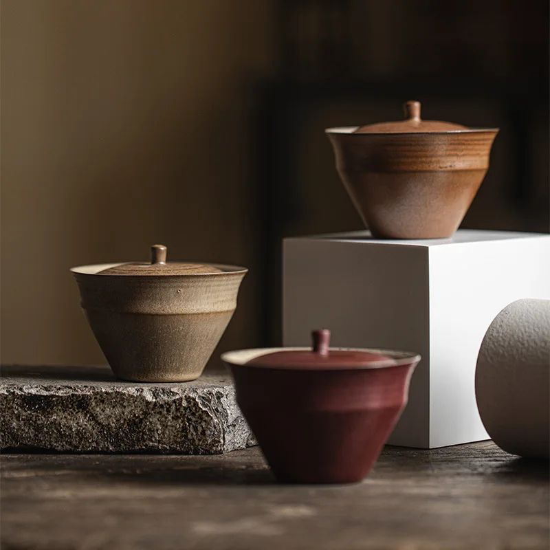 Rough Clay Gaiwan Vintage Aged Rock Clay Tea Bowl Japanese Style Kung Fu Tea Brewer Household Ceramic Tea Ware