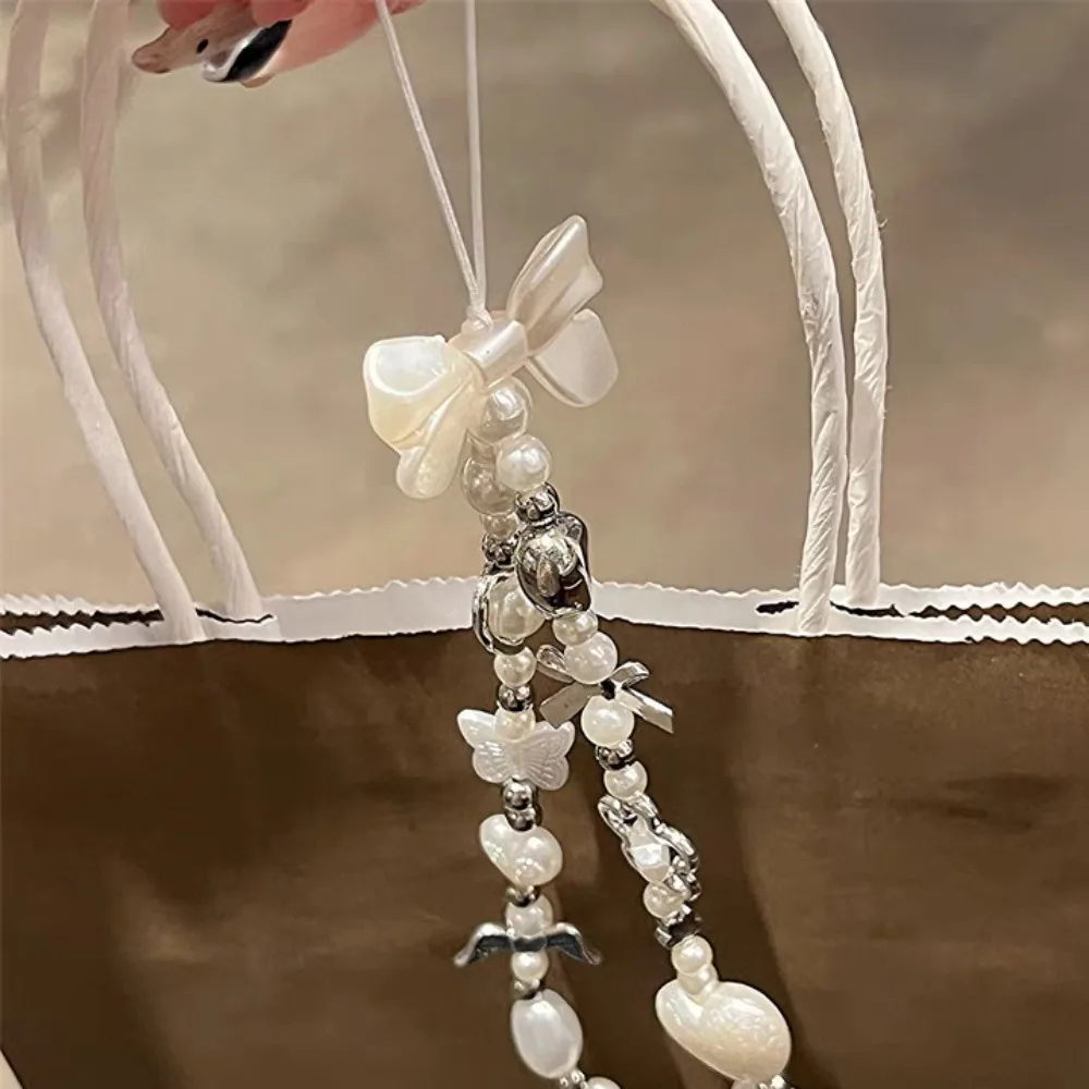 Korean Cute Baroque White Bow Flower Beaded Phone Chain Charm Lanyard For iPhone Samsung Universal Accessories Jewelry Pendant