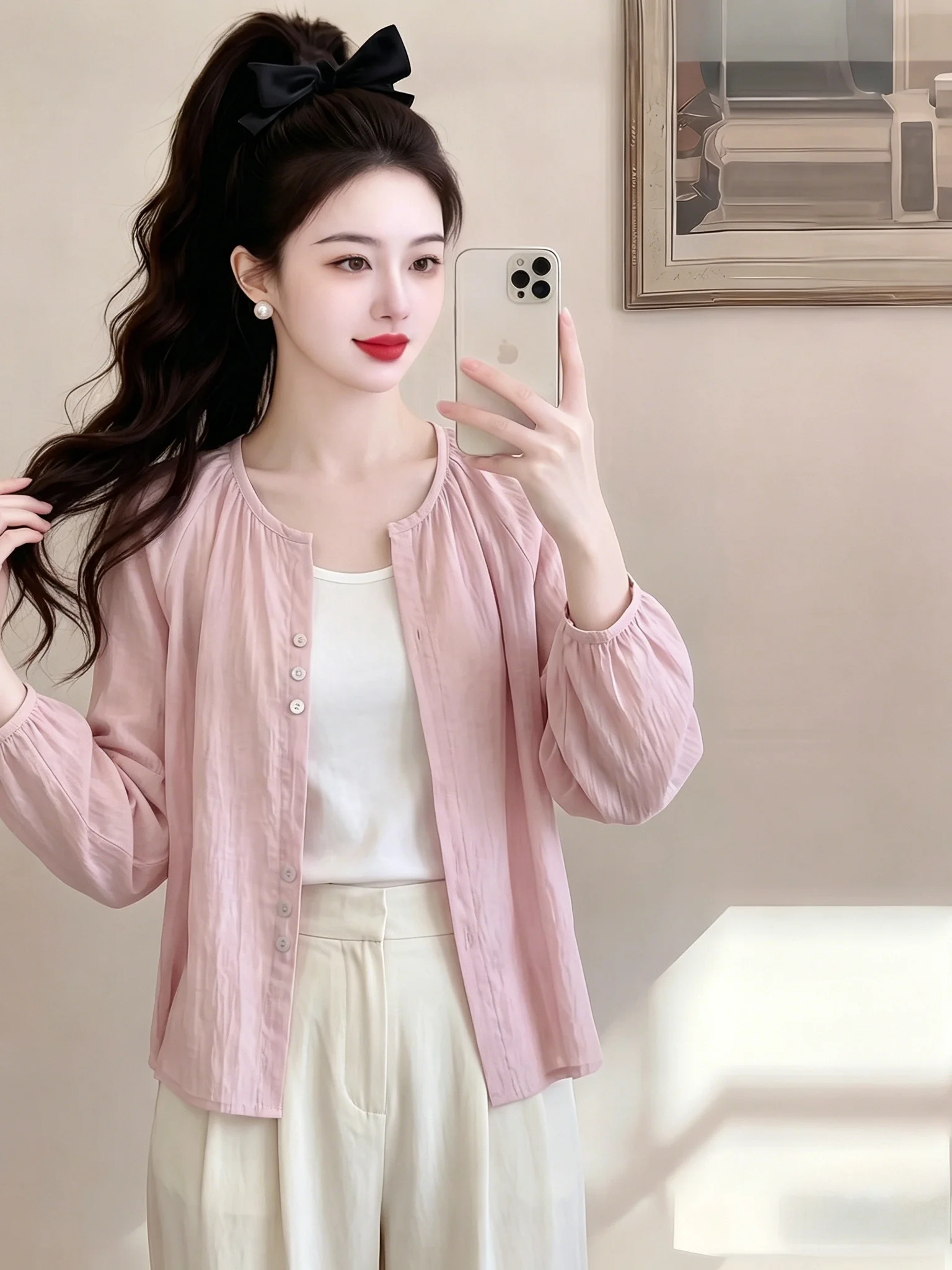 Slimming Thin Fashionable Korean Style Summer 2026 Casual Shirt Beautiful Open Cardigan Long Sleeve round Neck Lantern Sleeve