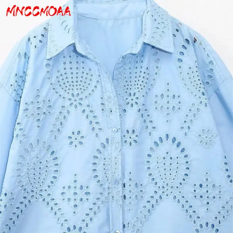 MNCCMOAA-Women\'s Embroidery Hollow Single Breasted Blouse Casual Blue Tops Long Sleeve Shirt Spring Summer Fashion Female 2024