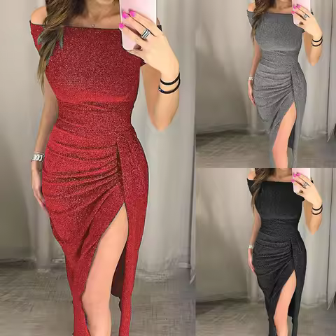 2025 Women's One-length Collar Dress Tight Shiny Hip Slit Birthday Black Party Red Short-sleeved Evening Dress