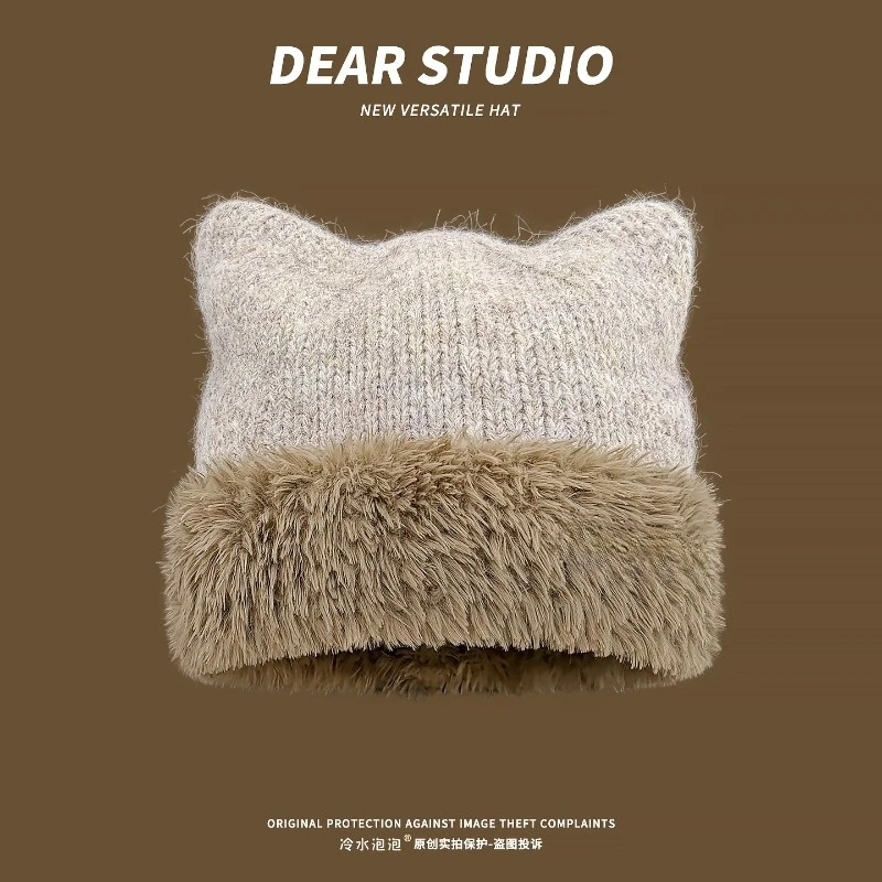 Simple Plush Cat Ear Splicing Knitted Hat for Men and Women Warm Autumn and Winter Ear Protection for Skiing Beanie Caps