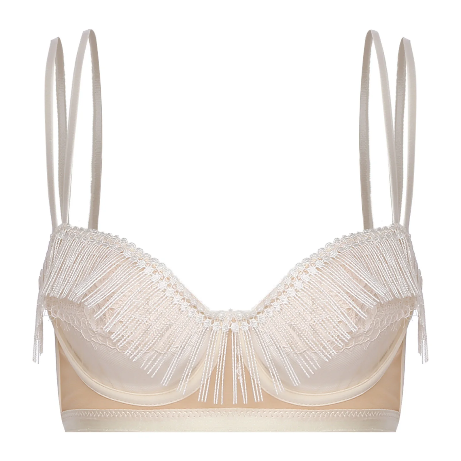 

Women 3/4 Cup Lace Fringe See Through Sheer Balconette Bra Soft Cup Underwired Unlined Pad-free Ultra Thin Summer Breathable Bra