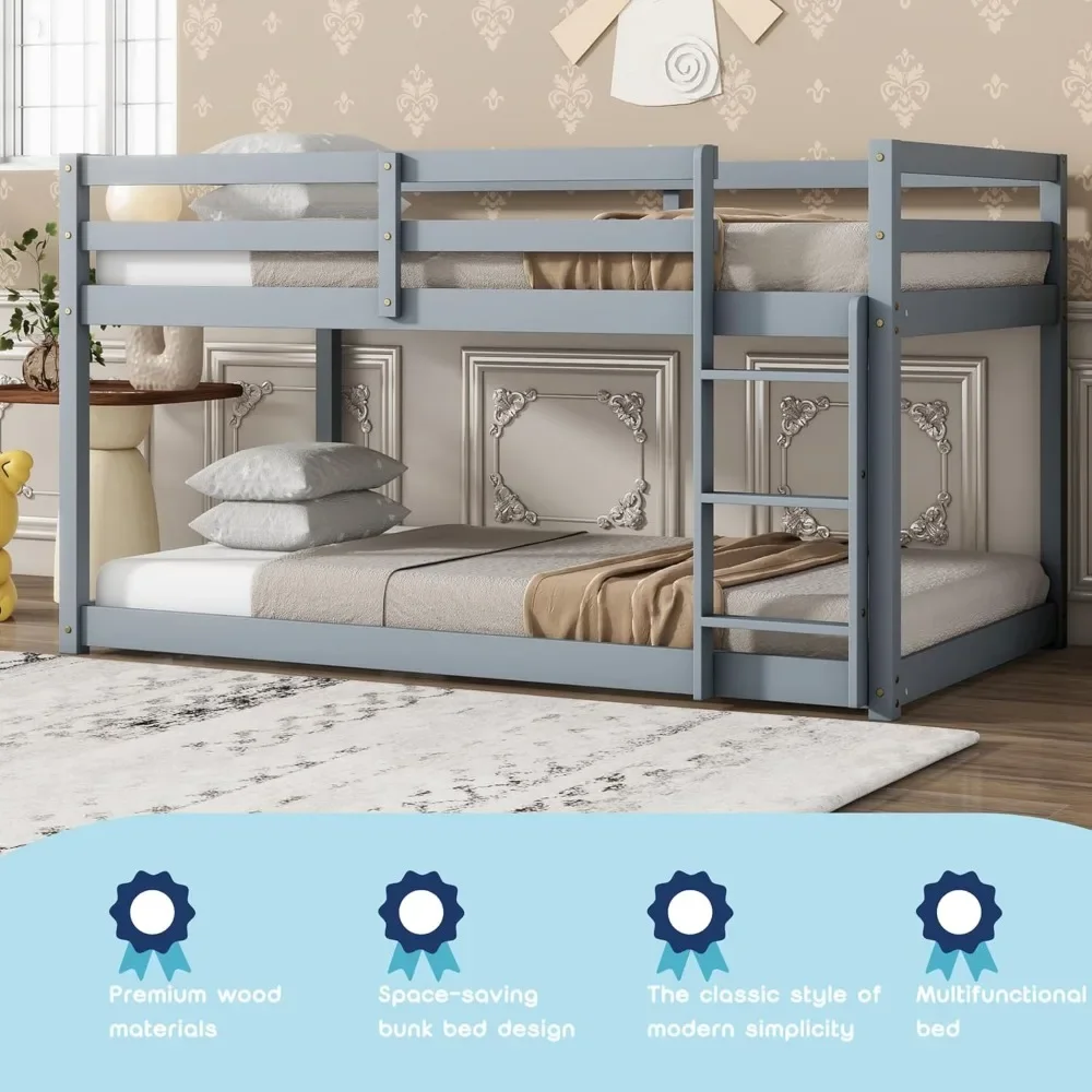 Low Bunk Bed Twin Over Twin Floor BunkFrame Junior Loft Bed for Kids Boys Girls Teens Wood Twin Bunk Bed with Safety Fences