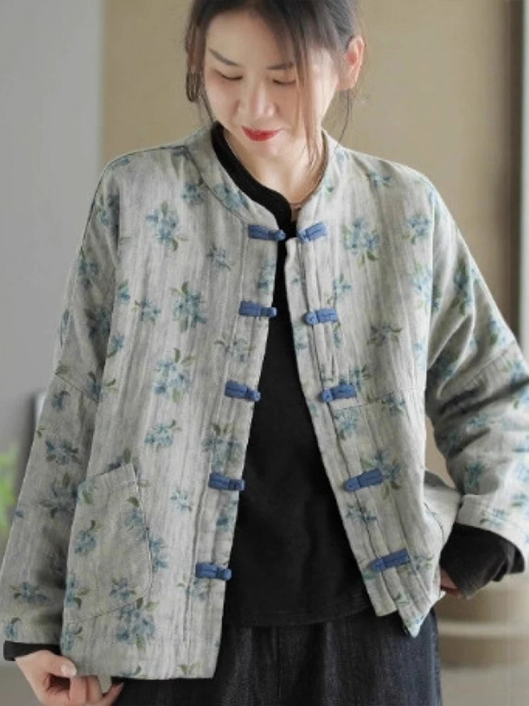 Amax LuluE Cappotti moda cinese autunnali da donna stampati classici giacche vintage larghe da donna casual eleganti abiti in cotone floreale