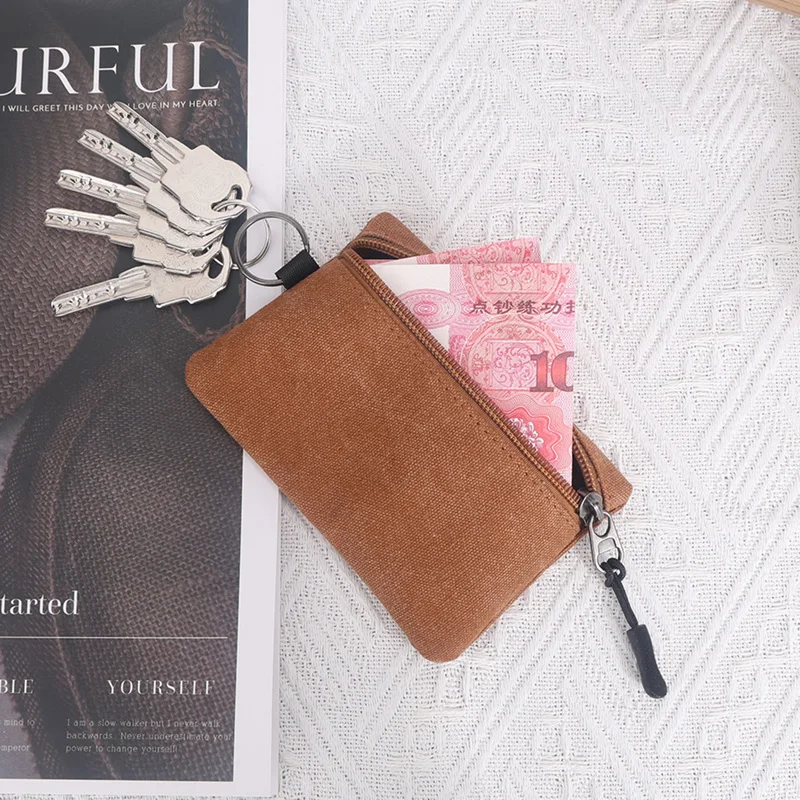 Women Small Coin Retro Card Purses Men Change Purses Canvas Mini Coin Wallet Bag Solid Color Zipper Key Bag Money Pocket Purse
