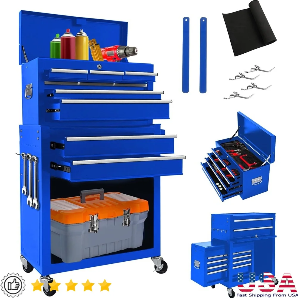 2 in 1 Rolling Tool Chest Cabinet with Locking System 8 Drawers Durable Steel Tool Storage Garage Organization Portable Tool Box