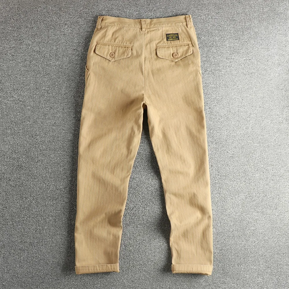 متعرجة المنسوجة القطن تصميم جيب عامي الكاكي الرجعية الرجال عارضة السراويل فضفاضة مستقيم البضائع السراويل #5