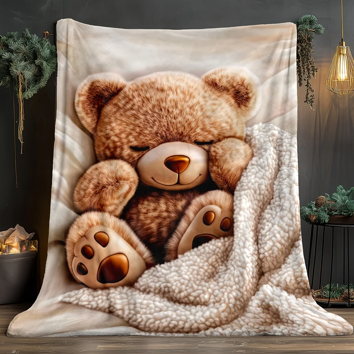 1pc of Soft Flannel-textured Teddy Bear Plush Throw Blanket, Featuring a Three-dimensional Cute Bear Face Design, with a Warm Br