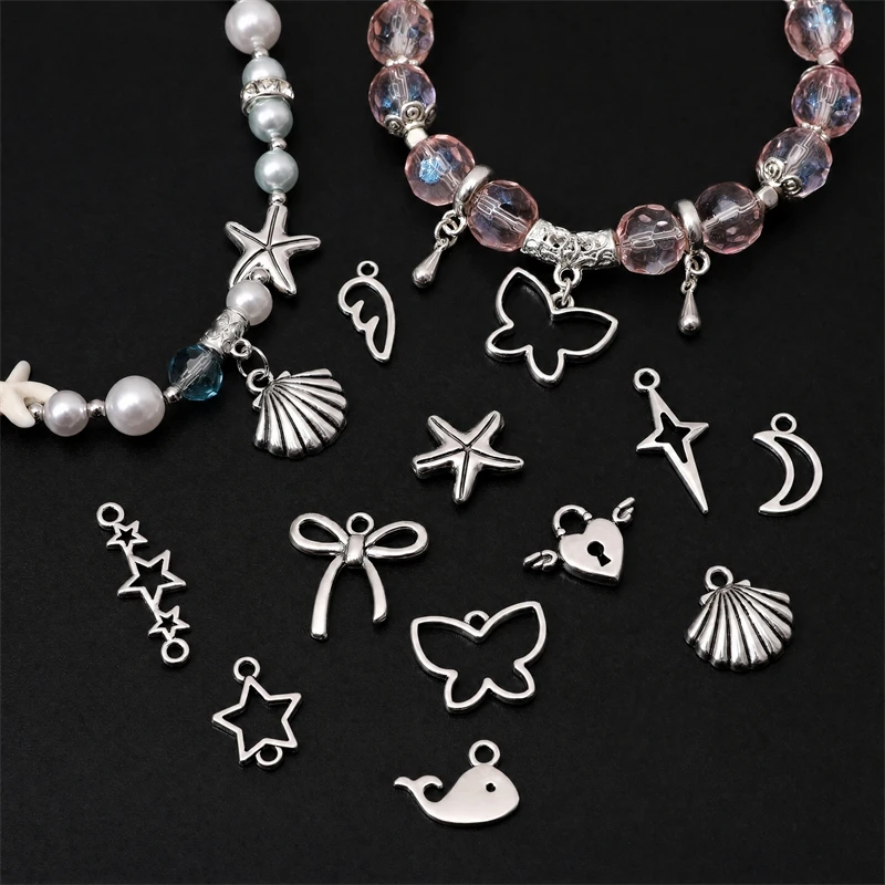 10Pcs Vintage Antique Silver Alloy Charms Whale Butterfly Star Moon Pendant For DIY Bracelet Necklace Jewelry Making Accessories