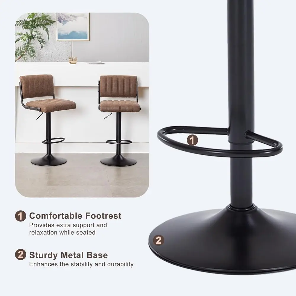 Juego de 2 taburetes de bar giratorios de cuero PU: sillas tapizadas de altura de mostrador con asiento ajustable y base duradera para cocina o ba