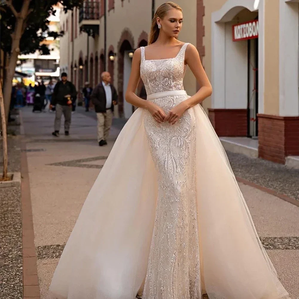 

Customized Luxury Exquisite Detachable 2 In 1 Mermaid Wedding Dress Elegant Square Collar Sleeveless Sequined Bridal Gowns
