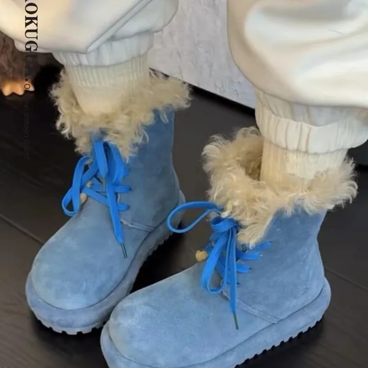 Dopamine Blue Thick-Soled Snow Boots for Women, Winter Extra-Padded Suede Furry Stylish Short Boots