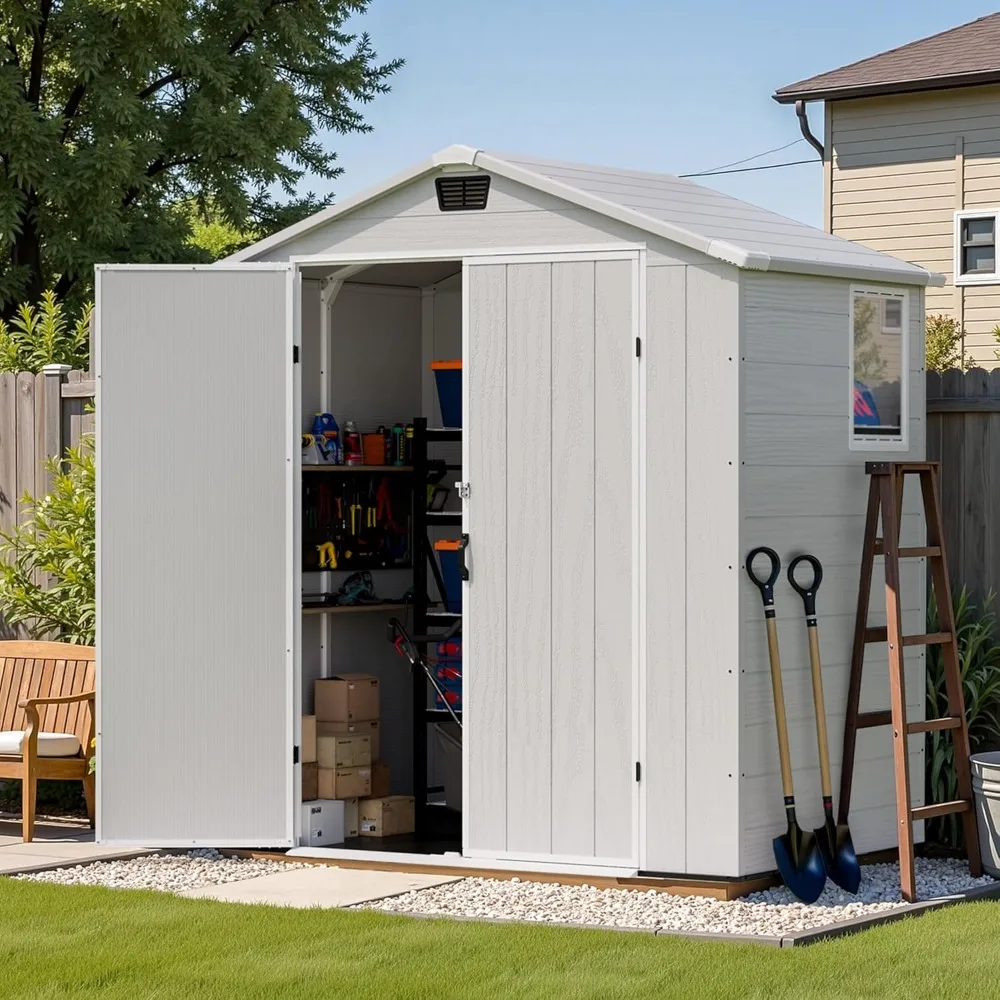 

6 x 4 FT Plastic Outdoor Storage Shed with Floor, Resin Outside Tool Shed with Window and Lockable Door for Garden, Backyard, T