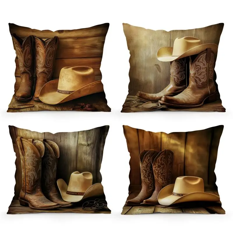 Short plush material pillowcaseHome Decor Cowboy Boots & Hat Printed Pillow Cover Pattern Cushion Cover Suitable for Sofa Bedroo
