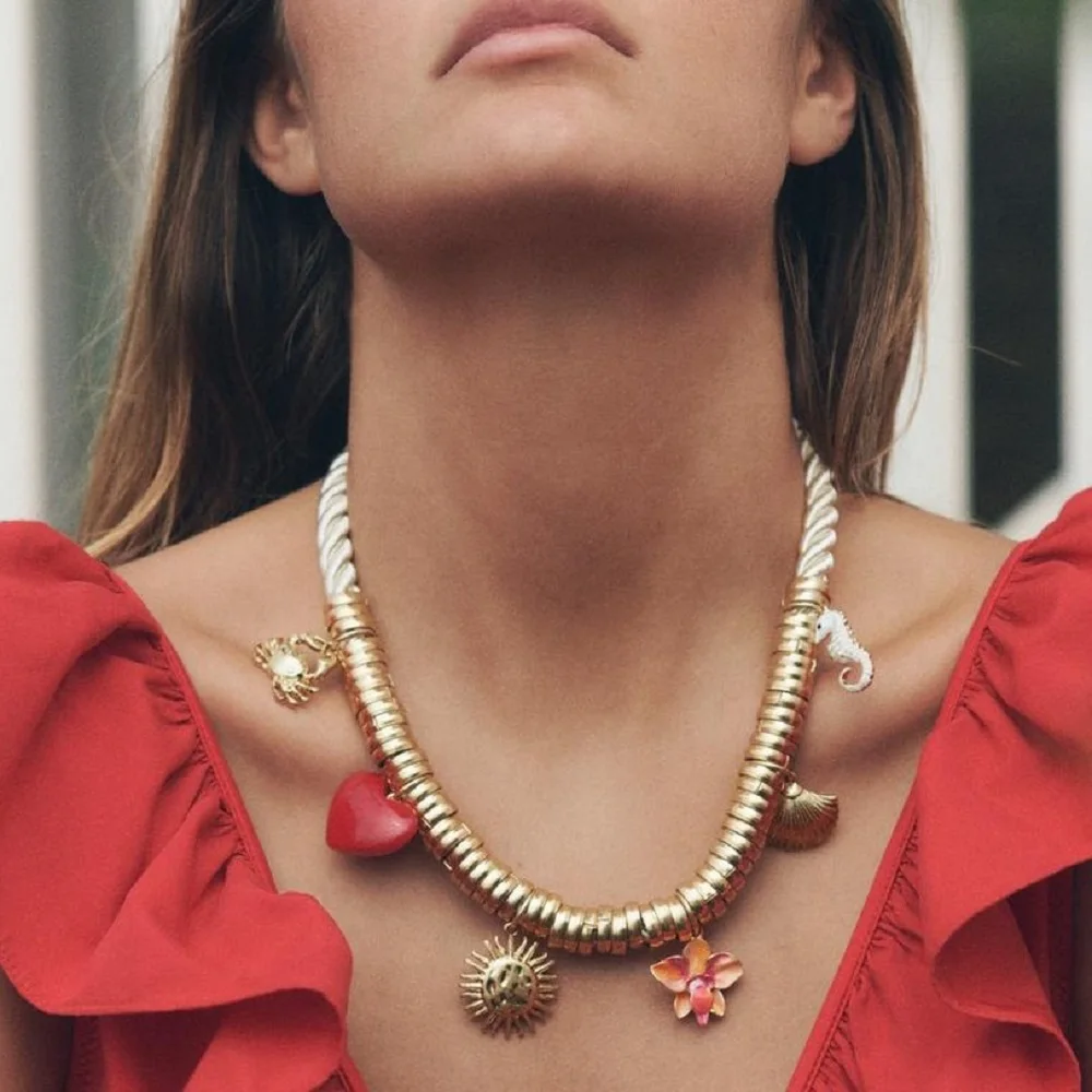 

Charm Pendant Necklace with Multicolor Fun Charms Red heart, Sun, Flower, Crab, Seahorse, Shell, Ocean Jewelry