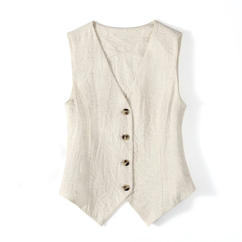 Damska, elegancka, cienka kamizelka bez rękawów w jednolitym kolorze na lato 2025, dopasowana, zapinana na jeden guzik, do pracy, krótki garnitur, kamizelka z dekoltem w serek 009 #