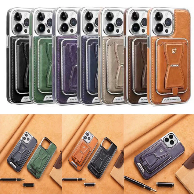 for iPhone 16 15 14 Plus 13 12 Pro Max Case Luxury PU Leather Back Cover with Hole Removable Magnetic Card Pocket Foldable Stand