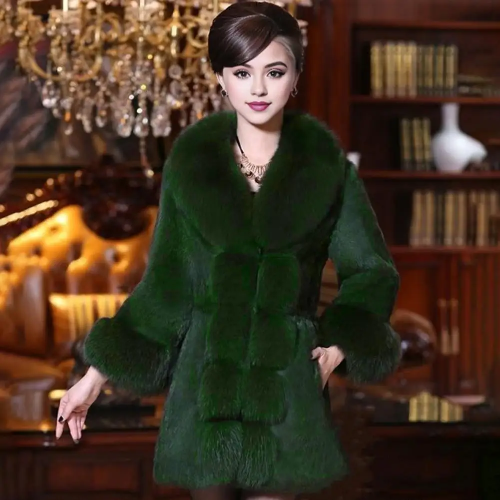 Plush Decoration Women Coat Elegant Mid-aged Women's Fuzzy Faux Fur Overcoat with V Neck Elastic Waist Celebrity for Cold-proof