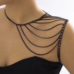 IngeSight.Z Gothic Multilayer Black Shoulder Body Chain for Women Simple Punk Metal Necklace Chain Body Jewelry Bra Top 2022