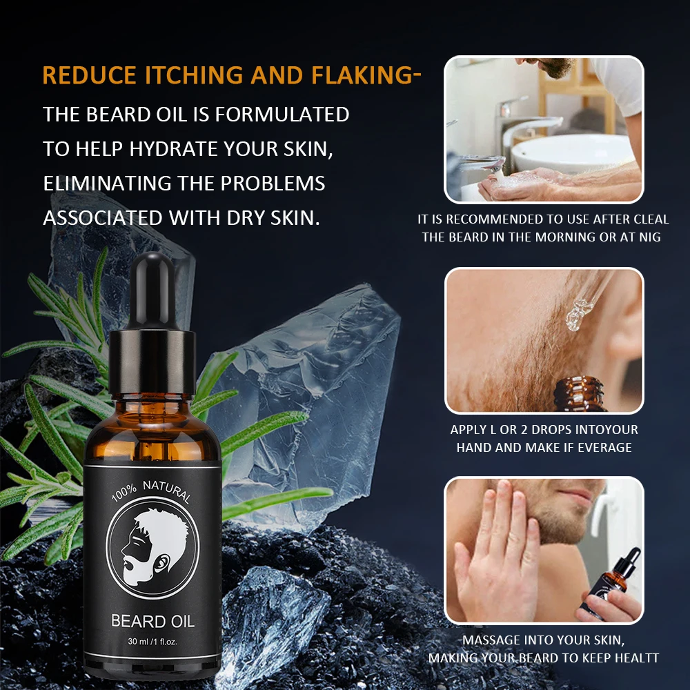 Olio per la crescita della barba dei peli del viso per gli uomini Addensare Morbido Liscio Nutrire l'olio per la barba Baffi naturali Olio essenziale per la cura della barba