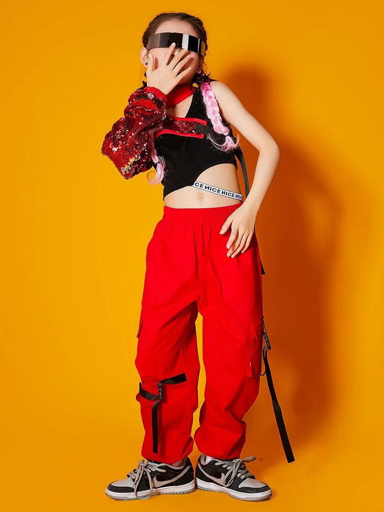 Tops Overalls Pants Red Stage Performance Outfit For Kids Wear 2023 Jazz Costume Girls Hip Hop Dance Clothes Cool Sequin