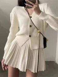 Casual Knitted 2 Piece Set Single Breasted V-neck Top + High Waist Mini Pleated Skirt Autumn Spring Korean Fashion Solid Outfits