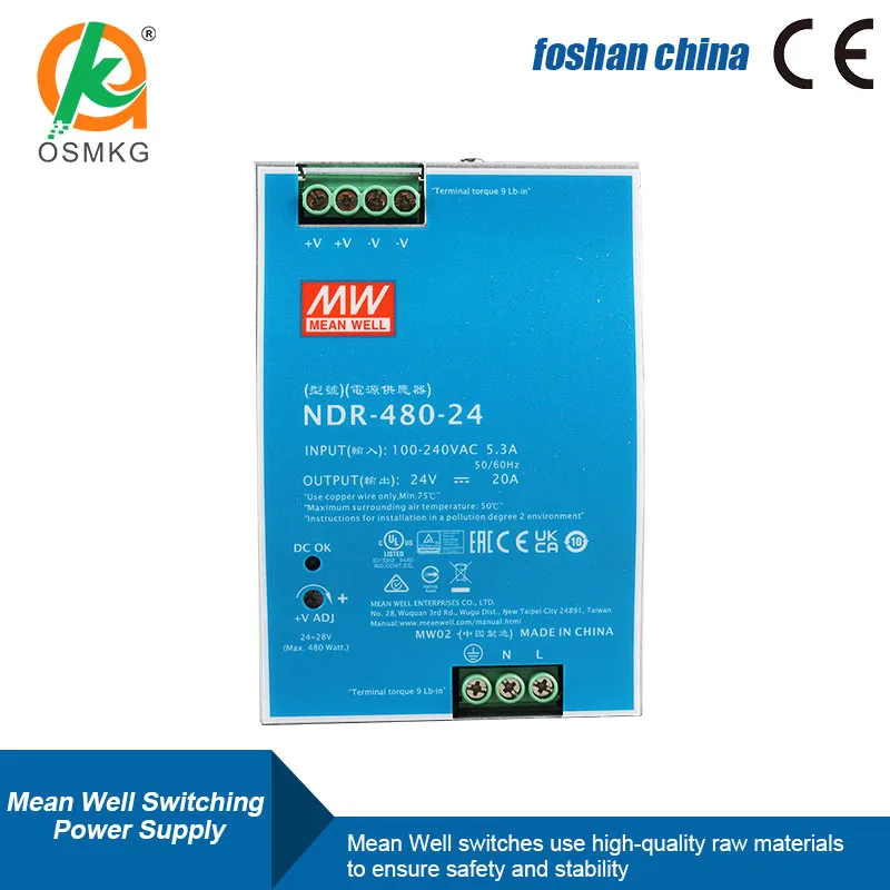 NDR Series 480W 24V Output Din Rail Switching Power Supply for Industry Control System