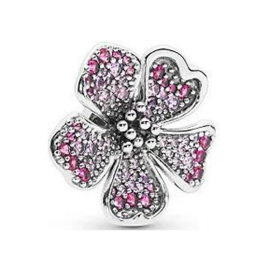 New Pink Series Pansy Flower，Cherry Blossom，Four-leaf Double Dangle Charm Beads Fit Original Silver 925 Pandora Bracelet Jewelry