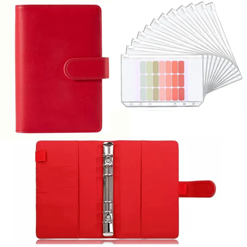 A5 A6 Red Budget Binder Planner With 12 Pieces Cash Envelopes, Colorful PU Leather Notebook Binder With 12 PCS A6 Binder Pockets