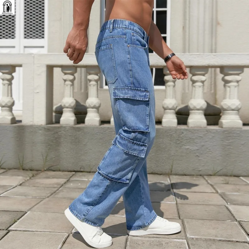 

Men's Light Wash Denim Cargo Jeans | Multi-Pocket Straight Leg Jeans | Streetwear Fashion Trousers Casual Street Style Pants