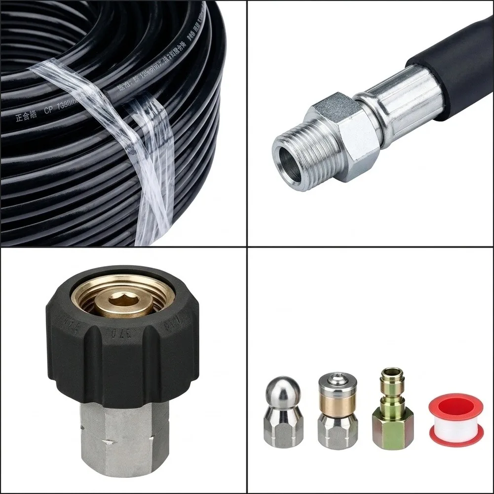 15M High Pressure Drain Cleaning Hose with Rotating Stainless Steel Nozzle Set for Cars Driveways Outdoor Furniture