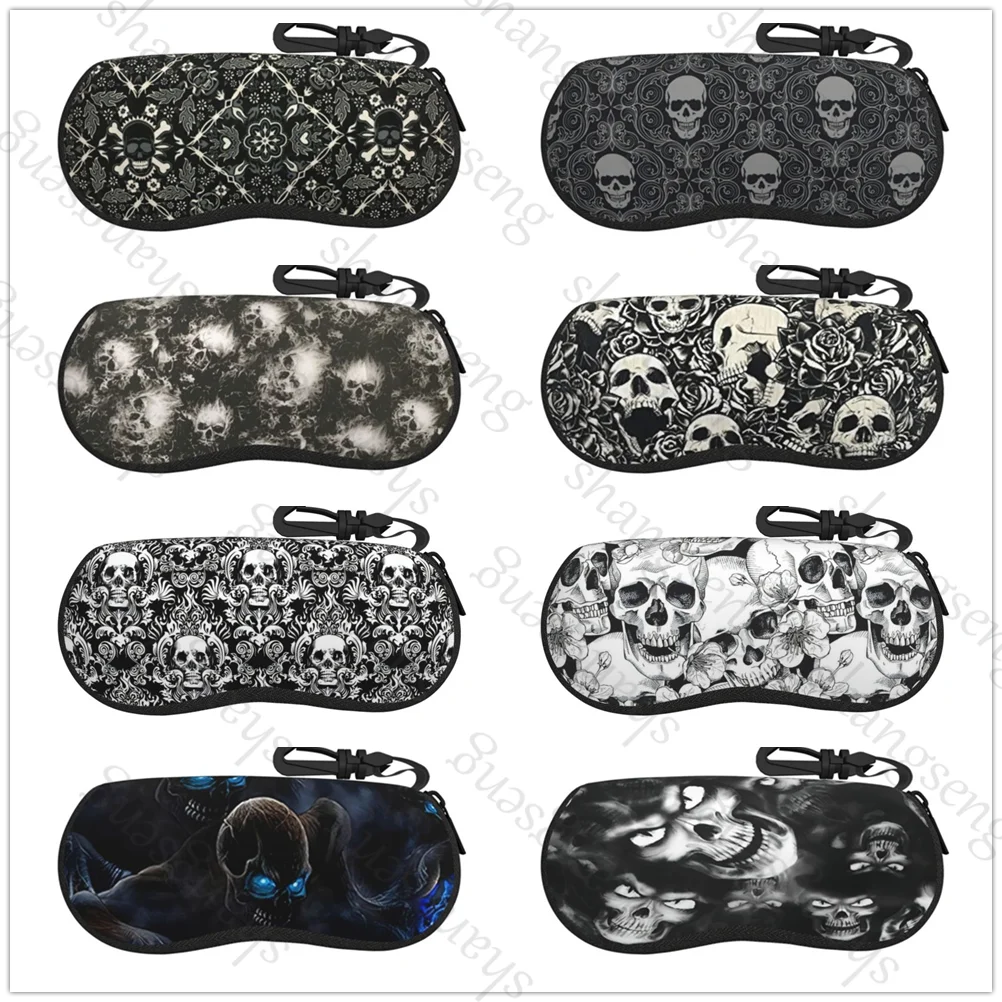 Gothic Black Skull Damask Glasses Case Sunglasses Soft Case Ultra Light Portable Neoprene Zipper Portable zipper soft-shell