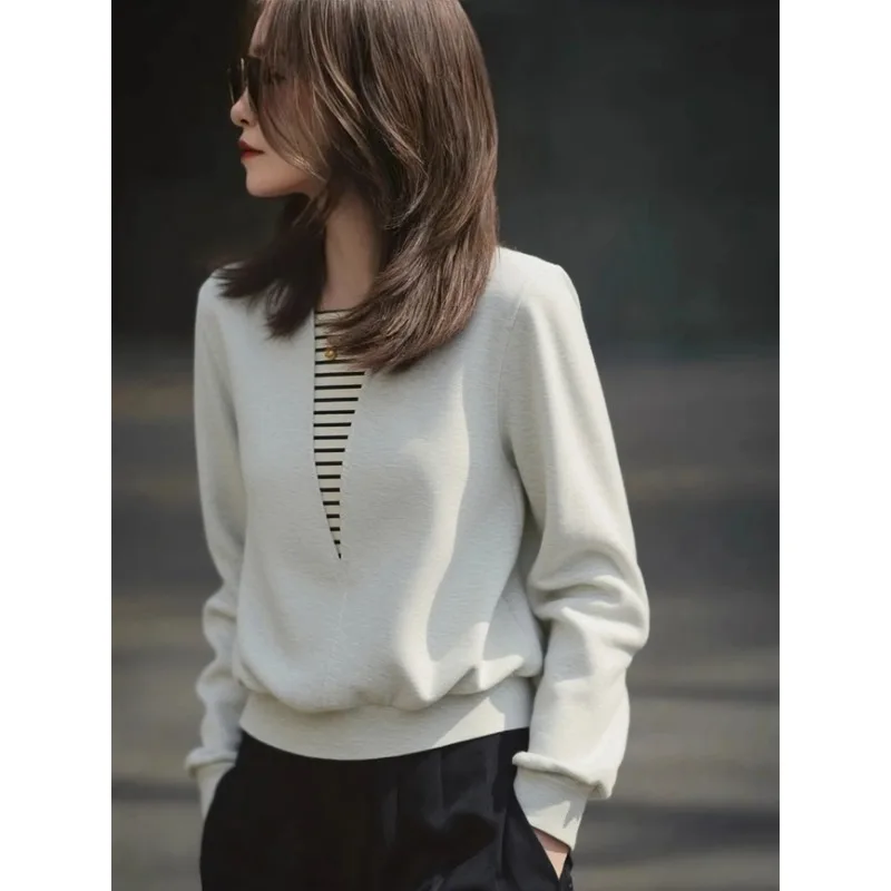 

Womens Chic Design Fake Two Piece Striped Patchwork Sweatshirt Long Sleeve Casual Elegant Top