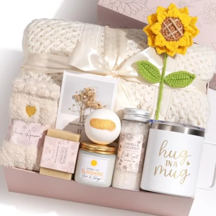 

Подарки на День матери и День рождения для женщин: подарочный набор для ухода за собой, корзина для скорейшего выздоровления, спа-набор, подарки с подсолнухами для поддержки.