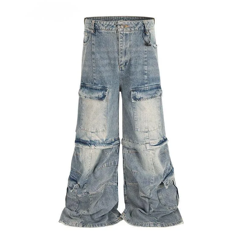 Men's Trousers Washed Blue Denim Flared Distressed Micro Flared Jeans With Multiple Pockets Detachable Cargo Pants 2PRLH