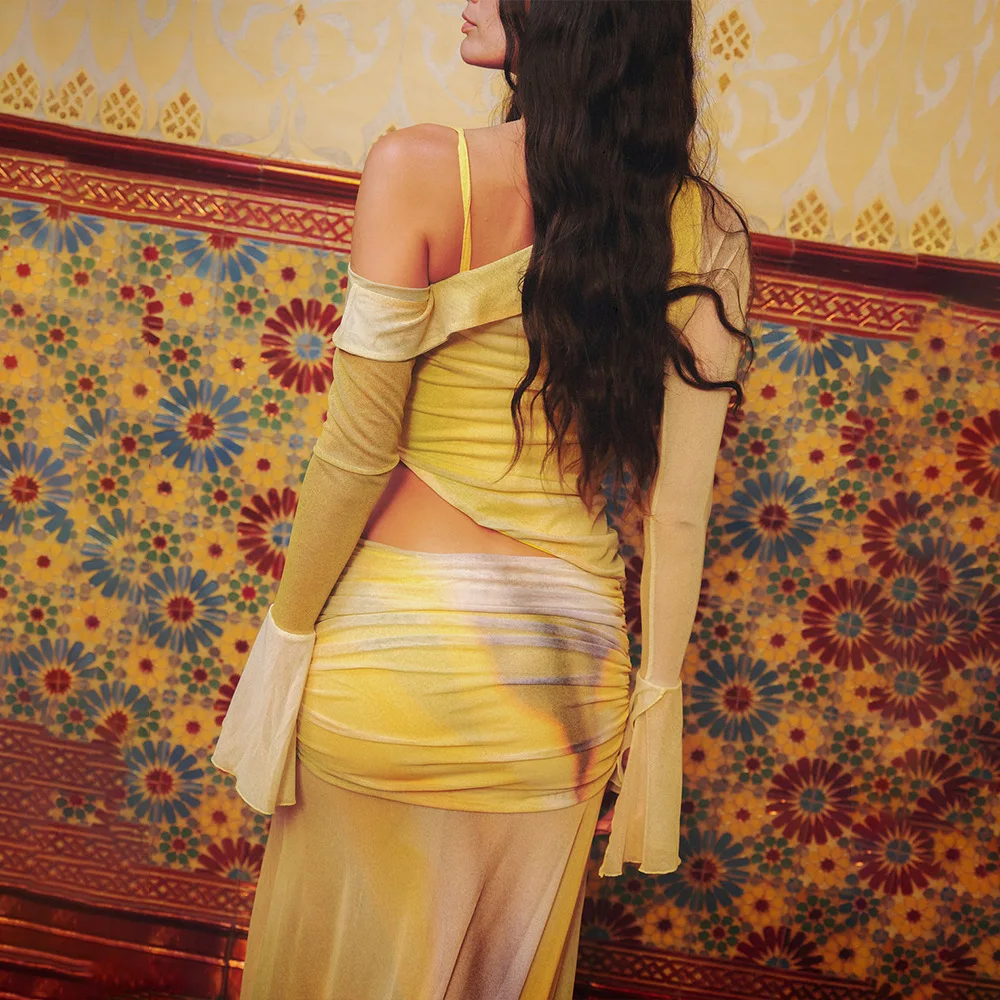 Impressão conjunto de duas peças feminino um ombro manga longa camiseta e saia maxi conjuntos de correspondência feminino elegante vestido de impressão conjunto