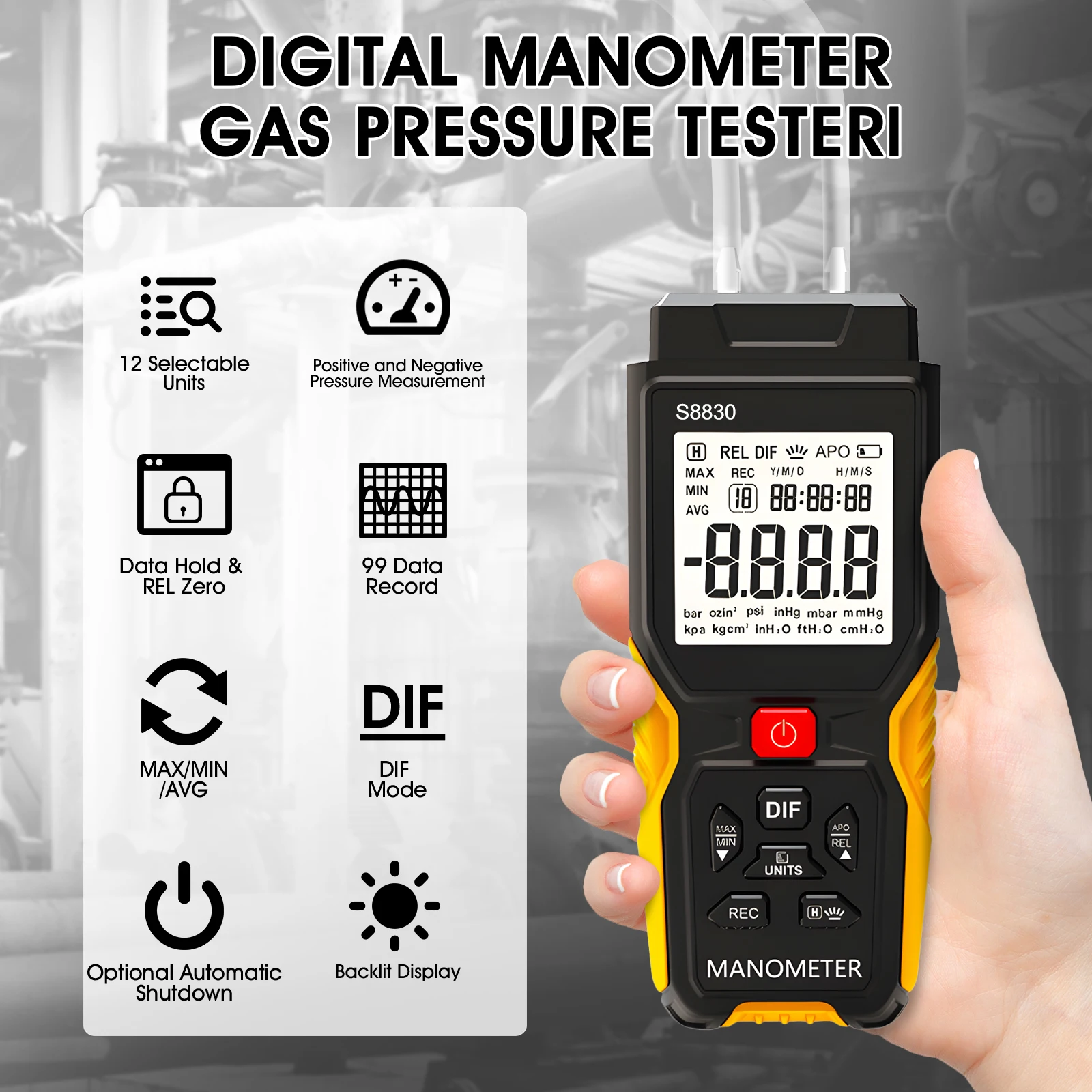 36.8kPa Digital Manometer for Air & Gas Pressure - 11 Units, Measures Positive & Negative Differential, Ideal for HVAC & Natural