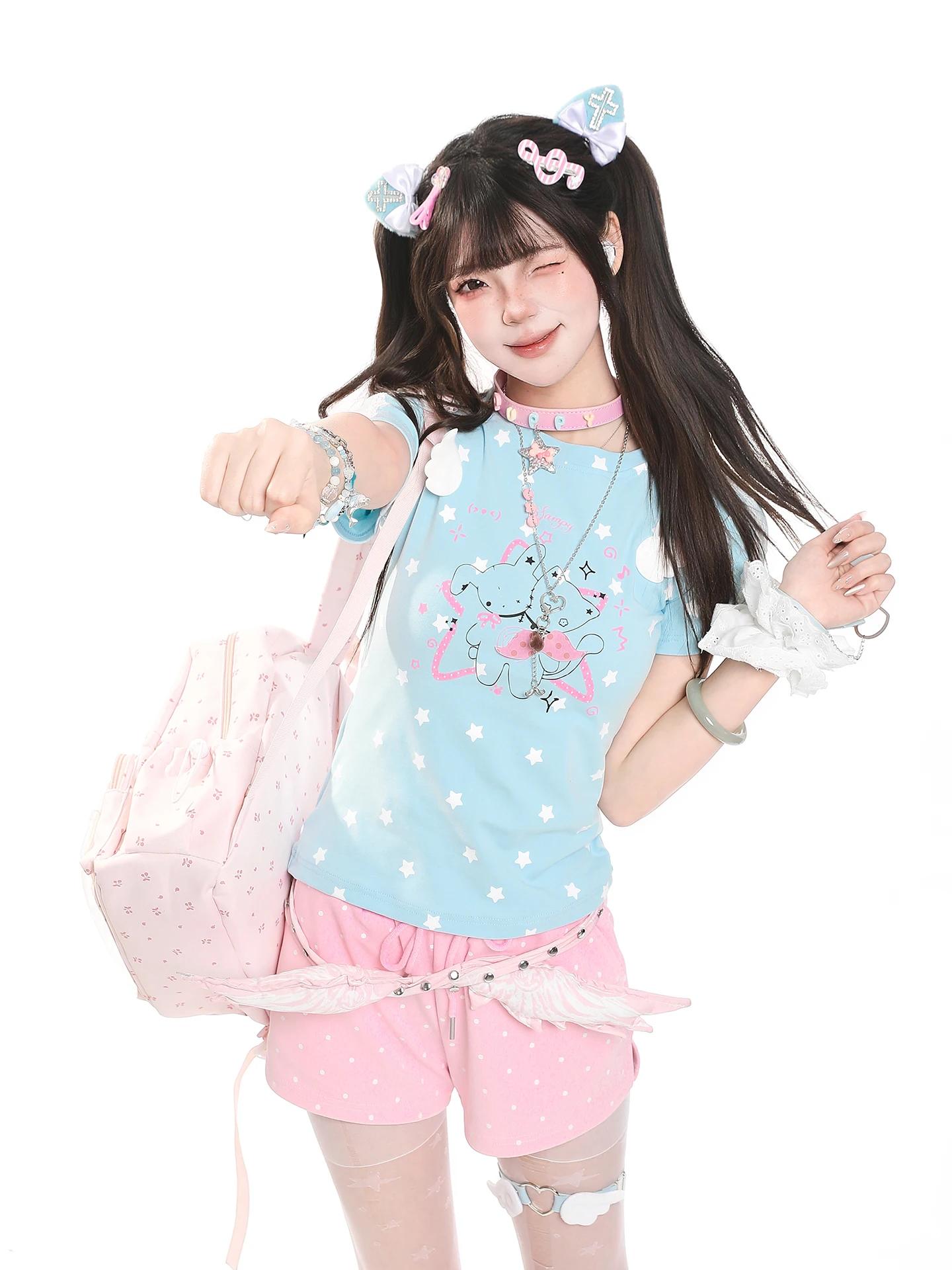 Sweet Girl Feeling Five-pointed Star Print Short Sleeve T-shirt Women's Summer Casual Slim Fit round Neck Shoulder Apparels